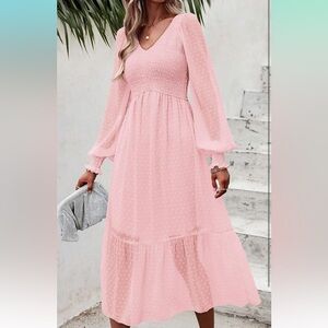 Long Sleeve V Neck Swiss Dot Empire Waist Chiffon Ruffle Smocked Midi Dress